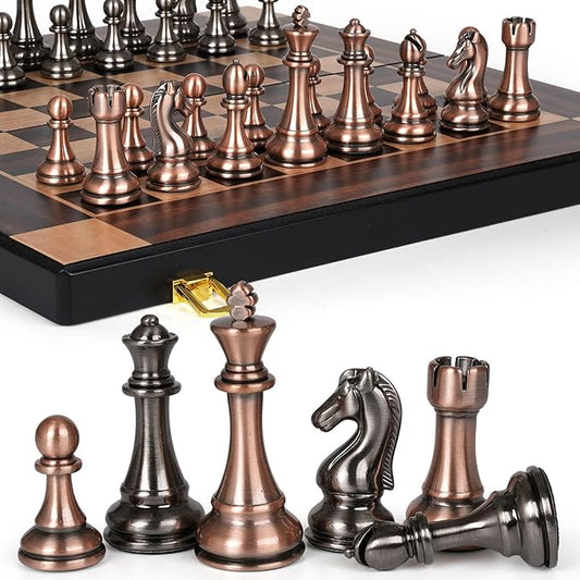 15-Inch Large Metal Chess Set for Adults and Kids with Metal Chess Pieces – Foldable Wooden Board with Storage, Portable Classic Game Set for Travel & Home, Elegant Gift for Chess Enthusiasts