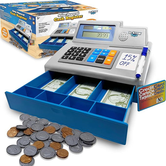 Dr. STEM Toys Solar Powered Calculator Pretend Cash Register with Play Money – 67-Piece Set for Learning Math Skills, STEM Cash Register for Kids, Gray