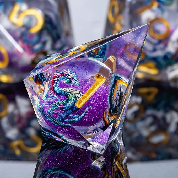 Dragon Pattern Liquid Core DND Dice Set, 7Pcs Sharp Edge Dice with Gift Box, Purple Resin Dungeons Dragons D and D Role Playing Dice D20 D12 D10 D8 D6 D4