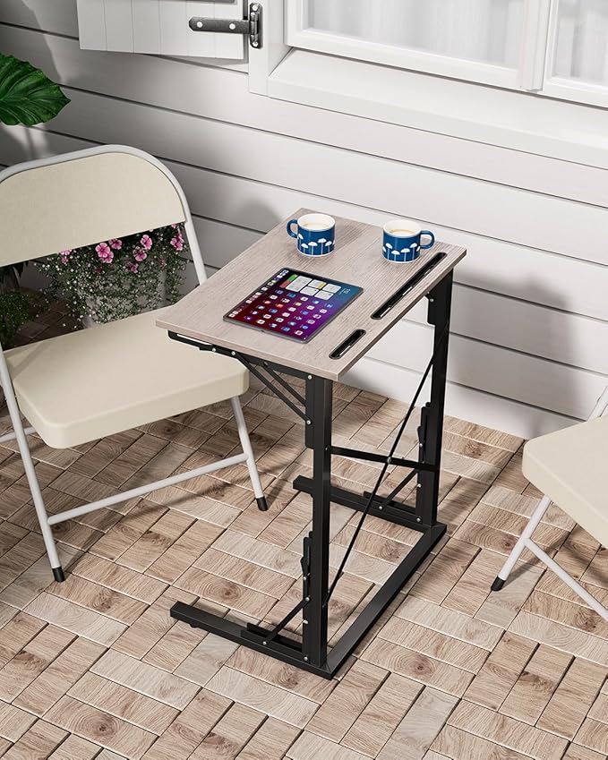 21''Wx28''H Folding TV Tray for Eating, Small Foldable C-Shaped Tray Table with Tablet and Phone Slots, Slide Under Couch Side Table for Recliner, Living Room, Bedroom, Greige