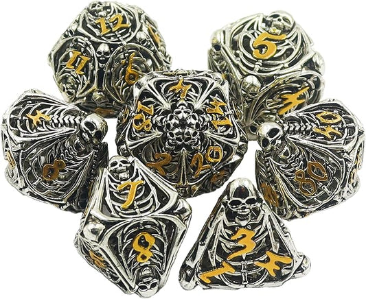 Metal DND Dice Set Skull Dungeons and Dragon Dice Set Hollow Polyhedral Magic 7 PCS Dice Set with Gift Metal Box for Dungeons and Dragons Table Games Play Cards MTG(Skull_Ancient Silver and Gold)