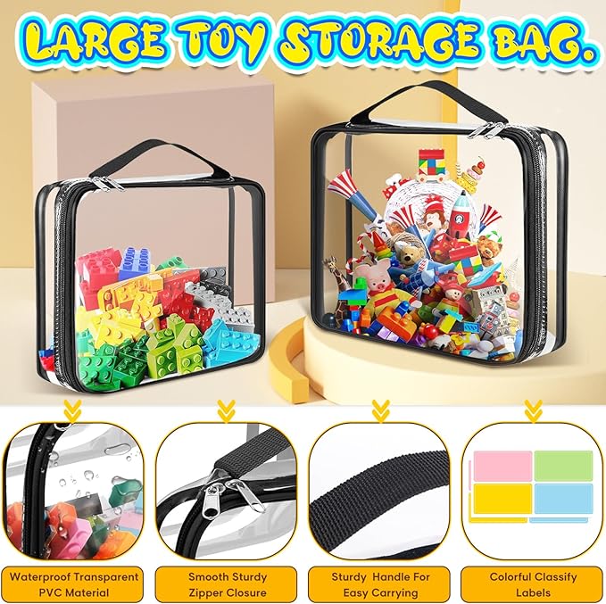 AOBOPLE 6 Packs Toy Storage Bags with Zipper,2 Size Clear Toy Organizer Bags,Waterproof Lego Organizers and Storage,Toy Bags for Board Games,Building Blocks,Puzzles,Kids Books