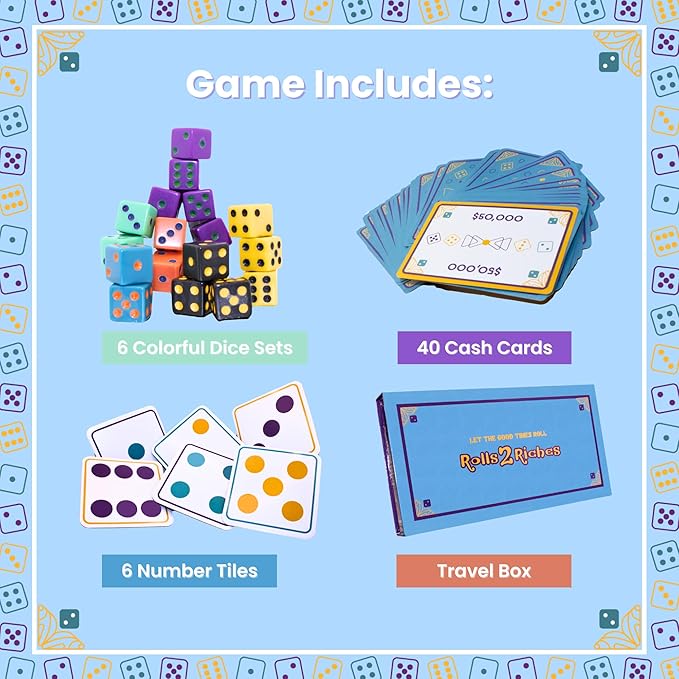 Award-Winning Family Dice Game – Rolls 2 Riches | Fun & Fast-Paced Game for Kids, Teens & Adults | Perfect for Game Night, Travel, Parties, Dates & Camping | ADHD-Friendly Activity