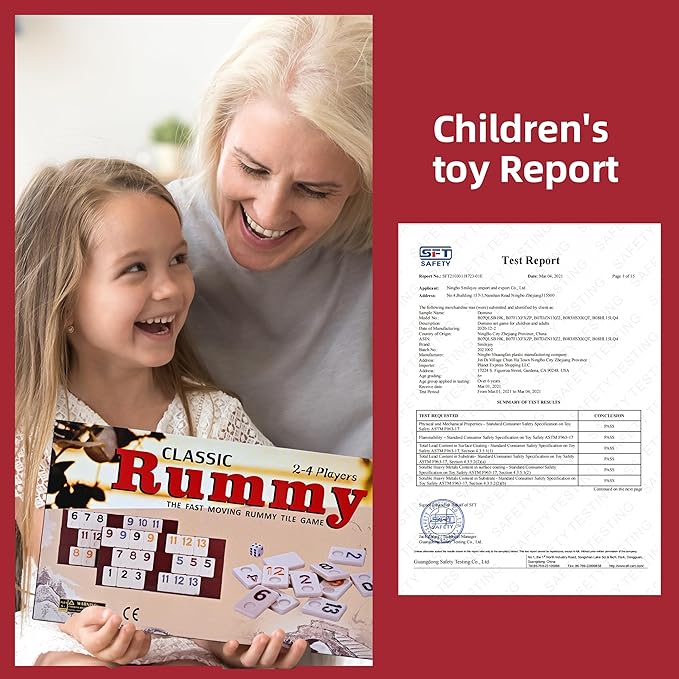 Classic Rummy Cube,106 Rummy Game with Portable Carton, Tradditonal Board Game for Family, 106 Tiles, 4 Plastic Holders(2-4 Players)