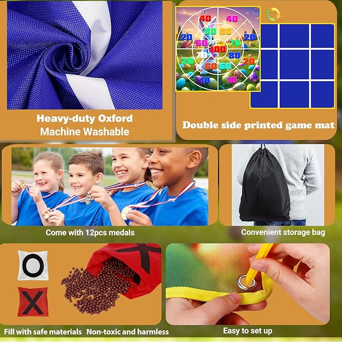 2-in-1 Outdoor Games Large Bunny Egg Bean Bag Toss & Giant Tic Tac Toe 4.5Ft, Double-Sided Lawn Yard Game for Kids Adults, Easter Party, Camping Backyard Carnival Field Day, Family Reunion Fun