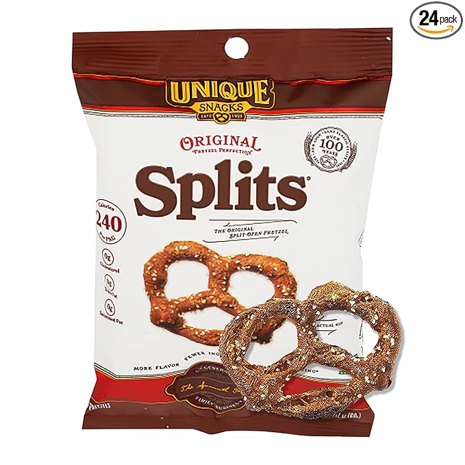 Unique Snacks Original Splits Pretzels, Delicious Homestyle Baked Snack Bag, OU Kosher, and Non-GMO Food, No Artificial Flavor, 2.12 Oz. Bag, Pack of 24