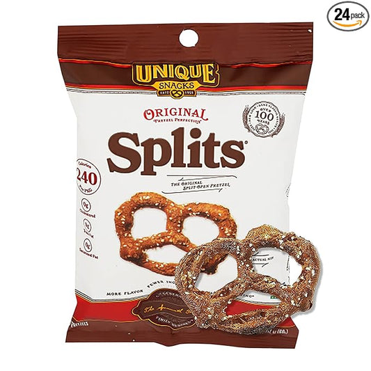 Unique Snacks Original Splits Pretzels, Delicious Homestyle Baked Snack Bag, OU Kosher, and Non-GMO Food, No Artificial Flavor, 2.12 Oz. Bag, Pack of 24