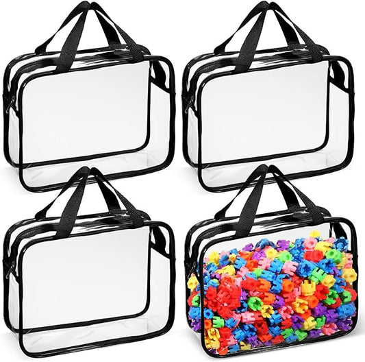 Sanwuta 4 Packs Large Toy Storage Bags Reusable Clear PVC Organizing Case Bags with Two Handles Waterproof Toy Container for Board Games, Building Blocks, Puzzles, Small Toys and Kids Books(Black)