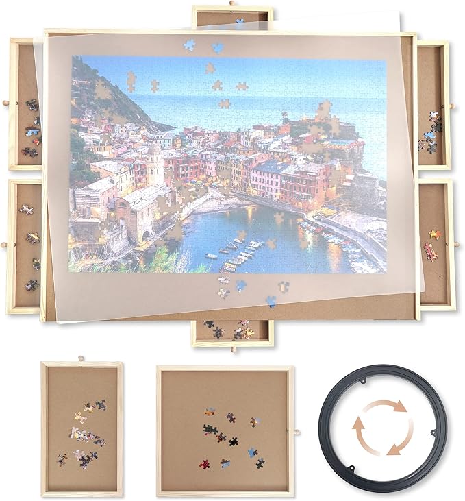 WOOD CITY Puzzle Board, 1500 Piece Wooden Jigsaw Puzzle Board with Drawers, 35” x 27” Portable Puzzle Table with Covers and Lazy Susan, Rotating Jigsaw Puzzle Table for Kids and Adults (1500PCS)