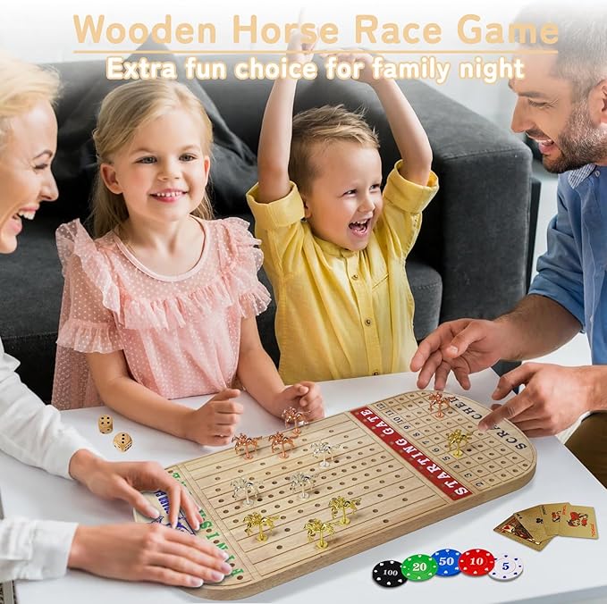 Horse Race Board Game, 23IN Horse Racing Board Game for Adults with Wooden Horse Game Board, 11 Luxurious Metal Horses, 100PCS Chips, 2 Wooden Dice and 2 Decks of Cards