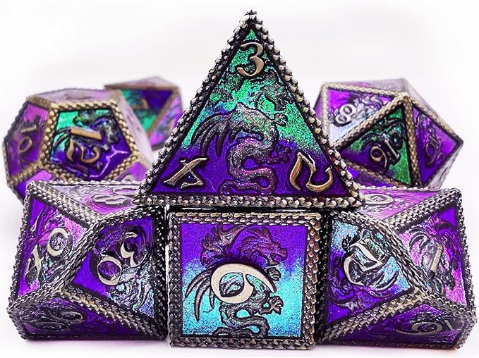 HAOMEJA Dungeons and Dragons Dice Set - Metal 6 Sided Polyhedral Dice for Pathfinder, MTG, Board Games (D20, D12, D10, D8, D6, D4) - Silver, Blue, Purple