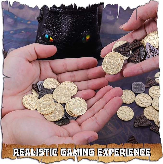120PCS Metal, Silver & Copper DND Coins for DND Tokens, DND Accessories with PU Leather Bag as DND Gifts for DND Board Game Player, Fake Coins with Leather Bag of Colorful Eyes for Cosplay Board Game