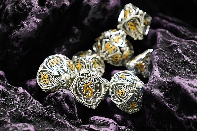 Metal DND Dice Set Skull Dungeons and Dragon Dice Set Hollow Polyhedral Magic 7 PCS Dice Set with Gift Metal Box for Dungeons and Dragons Table Games Play Cards MTG(Skull_Ancient Silver and Gold)