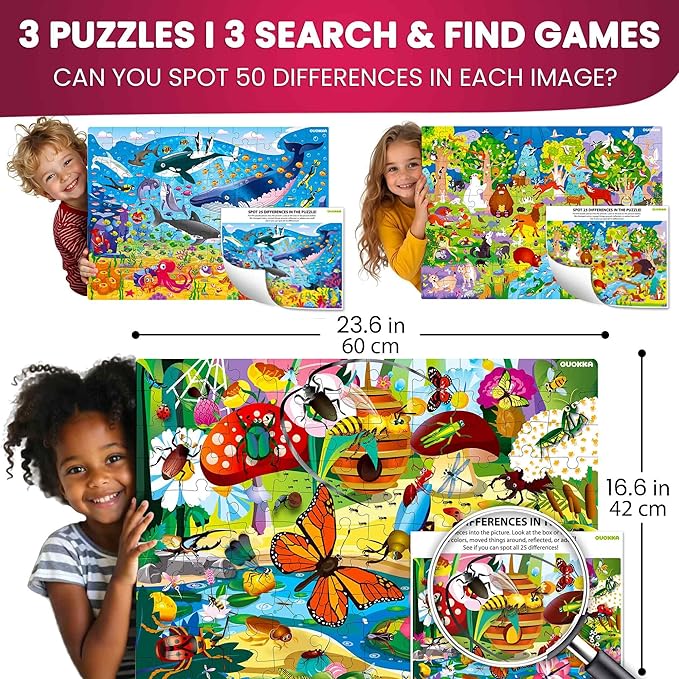 QUOKKA 100 Piece Puzzles for Kids Ages 4-6 – 3 Floor Kids Puzzles Ages 6-8 Year Old – Toy for Learning Ocean & Forest Animals for 8-10 yo – Jigsaw Toddler Game for Boy and Girl Age 3-5