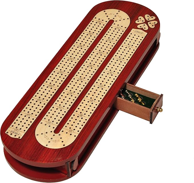 PALM ROYAL HANDICRAFTS 4 Track Wooden Cribbage Board Set Inlaid in Blood Wood and Maple Wood with pegs and Cards Storage Available. 4 Player Cribbage Board (15 x 5 Inches)
