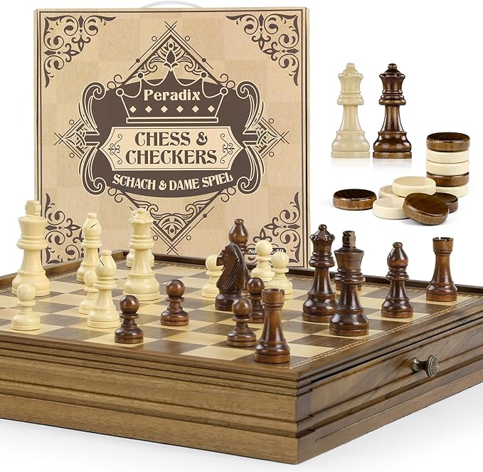 Peradix Magnetic Chess Checkers Board Sets with 2 Built-in Storage Drawers,15" Classic 2 in 1 Wooden Games with 2 Extra Queens for Kids and Adults,Travel Portable Chess Game Set