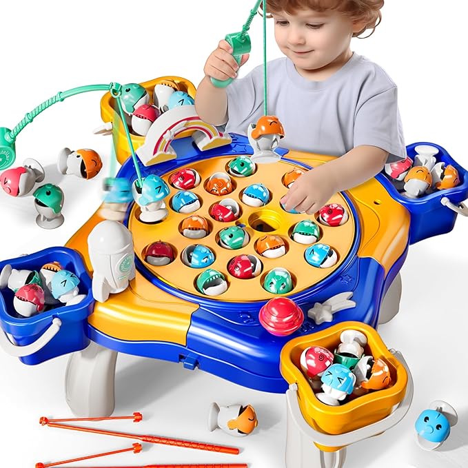 Magnet Fishing Game for Kids Toddlers Aged 3 4 5 6 7 8 - Fishing Toys with 48 Fishes Toys, 8 Poles, Rotating Board Game with On-Off Music, Educational Birthday Gifts for Boys Girls 1-3(Blue)