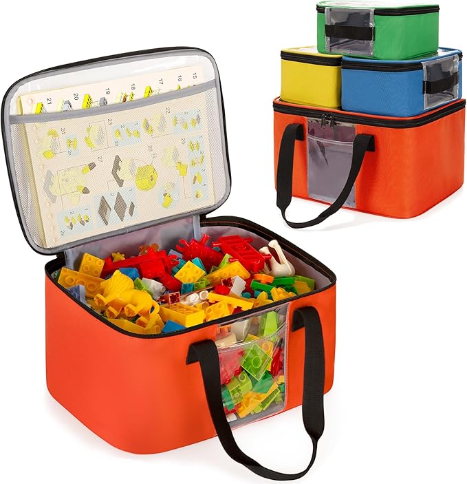 Large Toy Storage Organizer with 3 Small Zipper Bags Compatible with Lego Bricks, Travel Organizer Case for Building Blocks, Car Toy, Dolls, Crafts, Magnetic Toys, Board Game Storage Case
