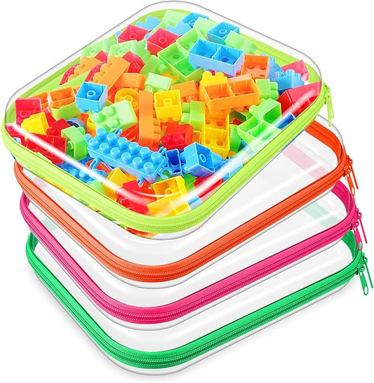 Hoolerry 4 Pcs Hard Clear Zipper Case Transparent Cases for Snacks Makeup Bag Plastic Storage Box Containers for Building Blocks, Puzzles, Cosmetics (Fluorescent,9.8 x 7.9 x 2 in)