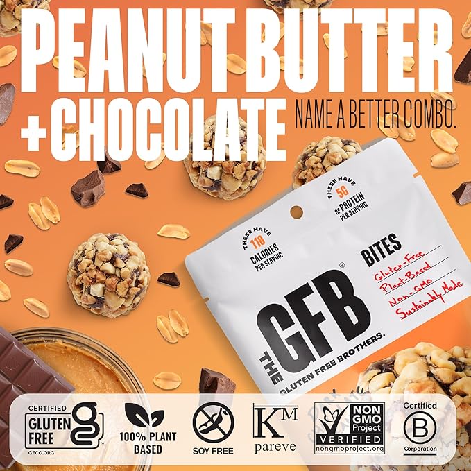 The Gluten Free Brothers Dark Chocolate Peanut Butter Bites - Gluten Free Protein Balls – Non GMO, Soy Free, Vegan – Snack Size Plant Based Protein Energy Balls, 4 oz (6 Count)