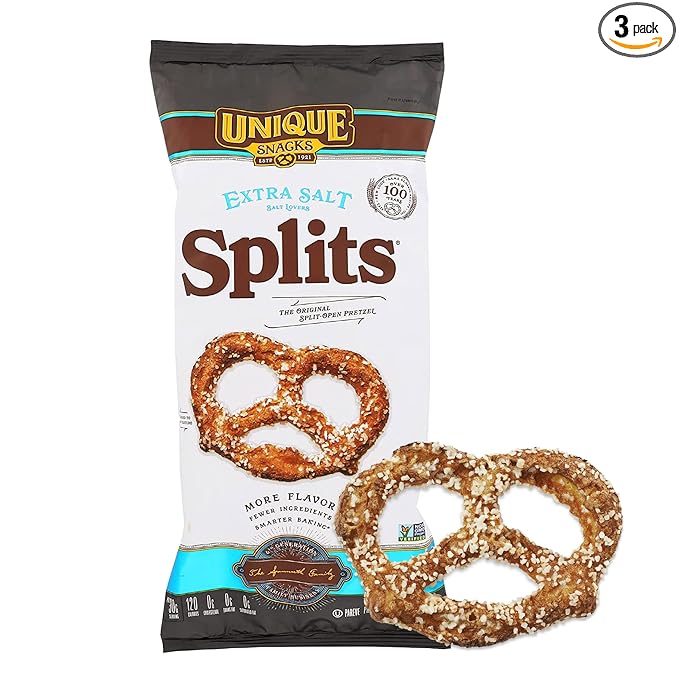 Unique Snacks Extra Salt Splits Pretzels, Original Split-Open Pretzels, Delicious Homestyle Baked Snack Bag, OU Kosher, and Non-GMO Food, No Artificial Flavor, 11 Oz. Bag, Pack of 3