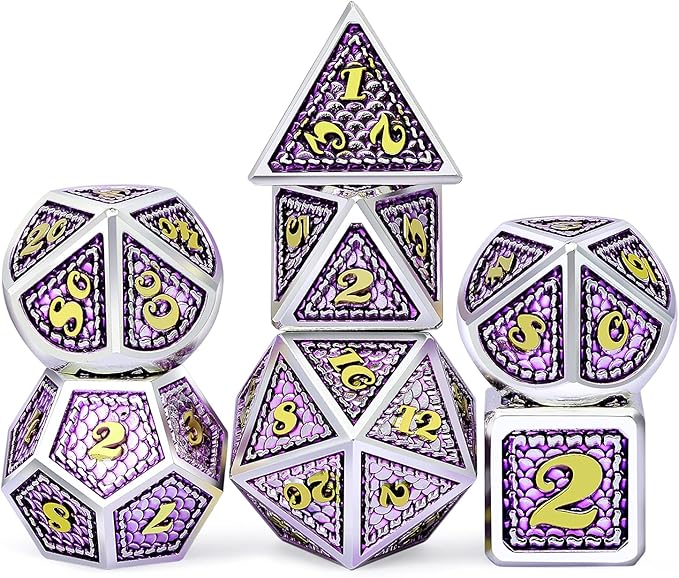 DNDND Metal DND Game Dice, 7 Die Dragon Scale Metallic D&D Dice with Velvet Pouch for Gungeons and Dragons (Lilac with Silver Edge)