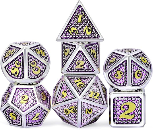 DNDND Metal DND Game Dice, 7 Die Dragon Scale Metallic D&D Dice with Velvet Pouch for Gungeons and Dragons (Lilac with Silver Edge)
