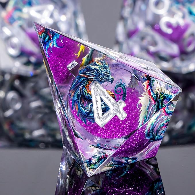 Dragon Pattern Liquid Core DND Dice Set, 7Pcs Sharp Edge D&D Dice with Gift Box, Resin Purple Dungeons Dragons D and D Role Playing Dice D20 D12 D10 D8 D6 D4