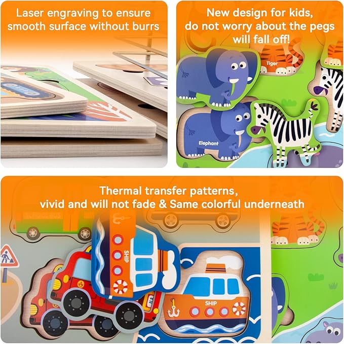 Wooden Puzzles for Toddlers with Storage Rack, WOOD CITY Toddler Puzzles Ages 3-6 for Kids, Learning Preschool Wood Puzzle for Boys and Girls-6 Pack Alphabet Number Shape Fruit Animal Vehicle
