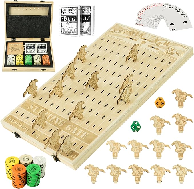 Foldable Horse Race Board Game, Family Dice Game with Solid Wood Board, 12 Horses, 2 Pokers, 100 Chips, Fair Horse Racing Game, Easy Storage, Parties, Family Nights, Gifts, GSM201