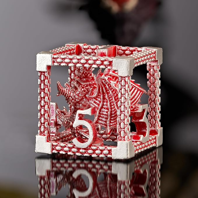 Dragon DND Dice, D&D Hollow Metal Polyhedral Dice Set for Dungeons and Dragons Dice RPG MTG Table Board Games (Red White Dragon)