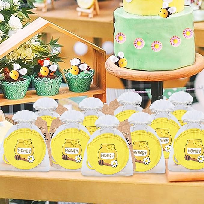 15 Pack Honey Pot Mini Coin Purses with Keyring for Bumble Bee Baby to Bee Baby Shower Gender Reveal Party Supplies,Yellow