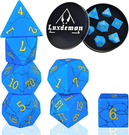 Gemstone DND Stone Dice Sets D&D 7 Pcs Polyhedral Dice Set Handmade๏ผChalchite Stone Dice Set Natural Gemstone Dice Sets with Metal Case for Dungeons and Dragons RPG MTG Tabletop Games
