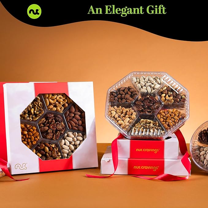 NUT CRAVINGS - Mixed Nuts Gift Basket in Red Gold Box (7 Assortments, 2 LB) Food Arrangement, Healthy Snack Care Package, Kosher