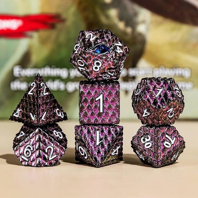 Metal Dice Set D&D,7 PCS Dragon Scale Metallic DND Dice Set,Dragon Eye Metal Dice with Grogeous Gift Case for Dungeons and Dragon Tabletop Game (Glitter Purple Dragon Scale & Blue Eye)
