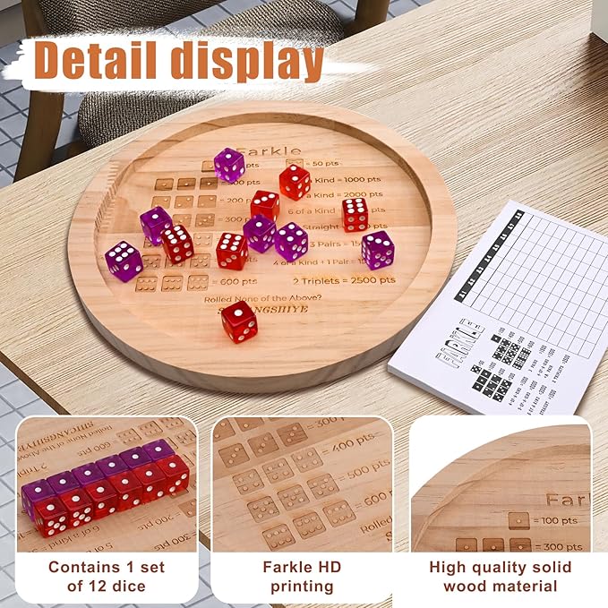 9.8-Inch Wooden Farkle Dice Tray with Printed Rules - Classic Farkle Board Game Set with 12 Pearl Dice, Score Pad & Velvet Pouch for Family Game Nights