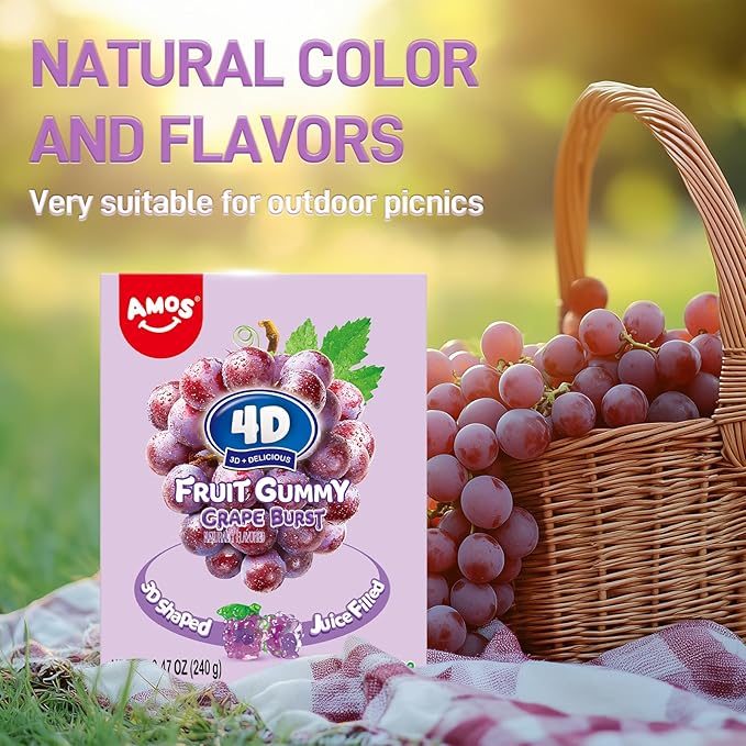 AMOS 4D Gummies Grape Burst Fruit-Shaped Gummy Candy, Natural Flavor Individual Sharing Pack For Parties, School Lunchbox & Family Movie Night Snacks 240g (8.5 Oz) | Fun, Chewy, Shareable Treat