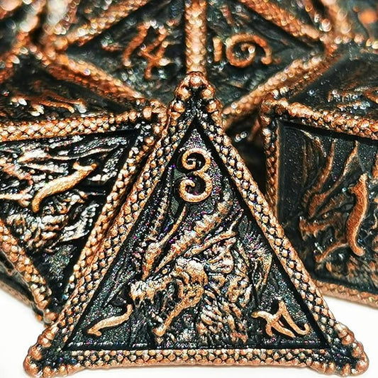 HAOMEJA Metal Dragon DND Dice Set - 7 Role Playing D&D Solid Dice for Dungeons and Dragons (Antique Red Copper)