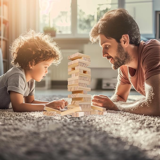 Wooden Stacking Blocks Game - 54 pcs Tumbling Tower Set for Kids & Adults, Family Board Games Indoor/Outdoor, Educational STEM Toy with Natural Wood Blocks, Portable Stacking Toys Party Games