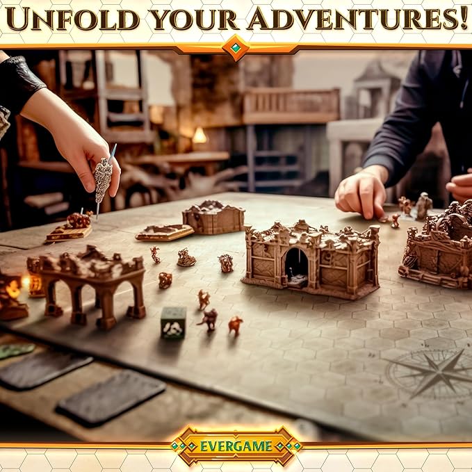 10 DND Game Mats and a lot More - Includes 6 Dungeons & Dragons Board Game Battle Maps (1" Hex Grid), Huge Size 22x26-4 3D Battle Arenas, 140+ Reusable Stickers, 4 Markers & Eraser, by EverGame