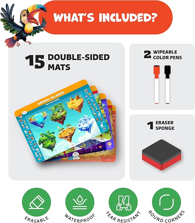 Search & Find Reusable Activity Mats for Preschool Learning – 30 Educational Find It Games for Kids Ages 3-8 – Interactive Dry Erase Mats – Seek & Find Toys for Toddler & Kindergarten