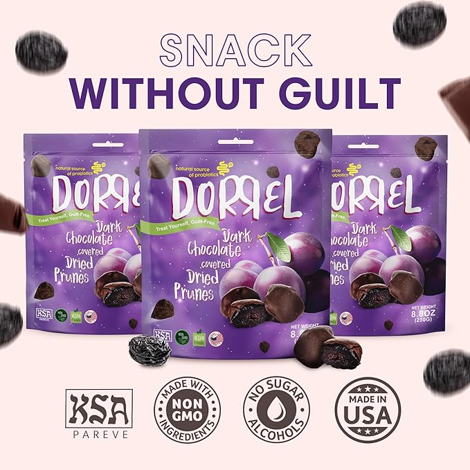 DORREL - Belgian Dark Chocolate Covered Dried Prunes, High Energy Vegan Choco Snack, Delicious, Kosher & Non-GMO, Pack of 3 Dark Chocolate Fruit Bites, 8.8 oz / 250 g Ea