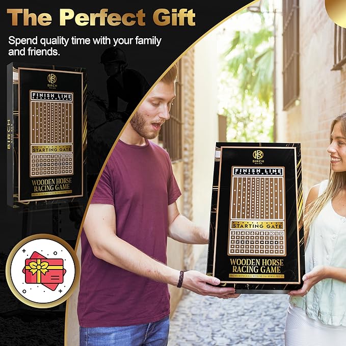 Horse Race Board Game Racing Game - Solid Wood Race Game Board with Dice, 2 Playing Card Decks, and Suede Carry Bag - Large 21 x 12 inch Horse Racing Board Game with 11 Premium Metal Horses