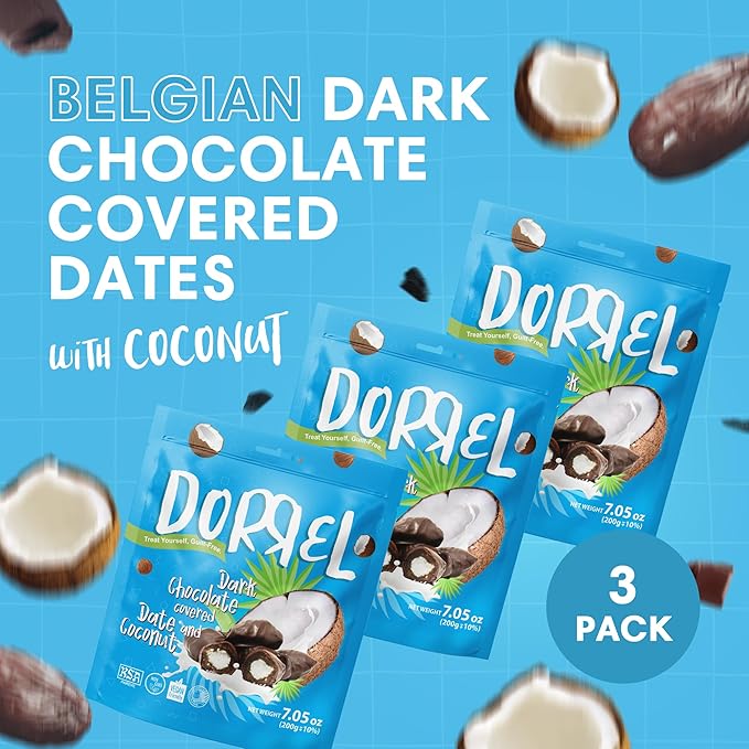 DORREL - Belgian Dark Chocolate Covered Dates (Medjool) with Coconut Stuffing, High Energy Vegan Choco Snack, Delicious, Kosher & Non-GMO, Pack of 3 Stuffed Chocolate Dates, 7.05 oz / 200 g Ea