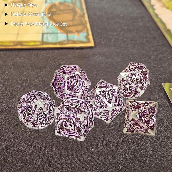 DND Dice,Hollow D&D Metal Dice,Dungeons and Dragons Dice Set with Gift Box,7 PCs Steampunk Polyhedral Dice Games Set for RPG,MTG,Pathfinder(Dragon Purple 1)