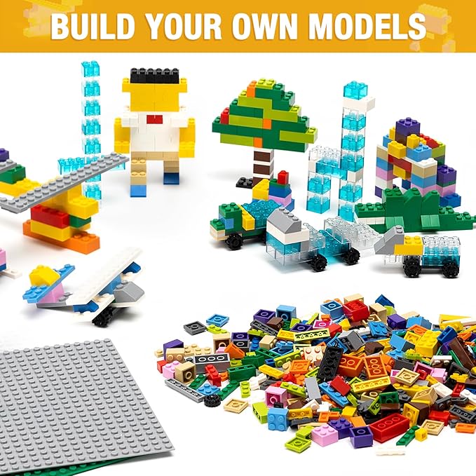 1600 Pieces Building Bricks, Building Bulk Block with 2 Packs 24x24 Studs Sticky Plate and 46PCS Wheel Accessory - 100% Compatible with All Major Bricks, Gfits for Kid - 18 Shape/16 Color