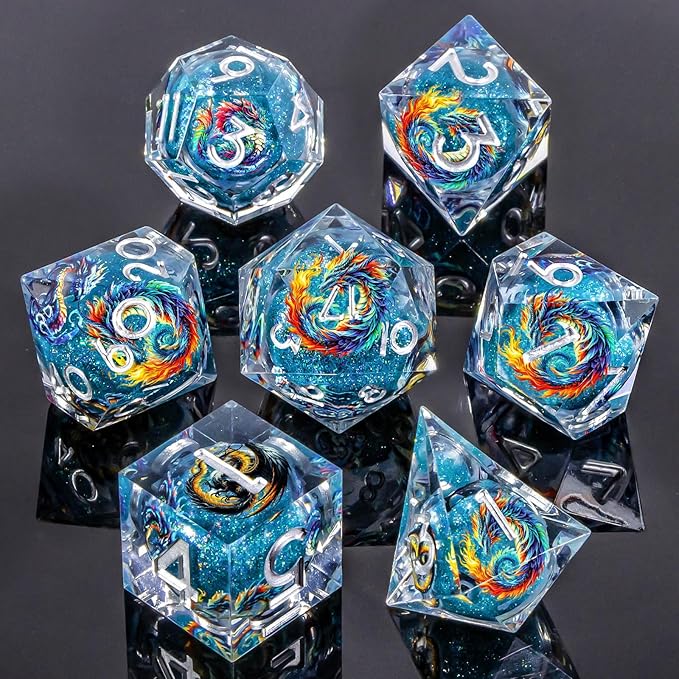Dragon Pattern Liquid Core DND Dice Set, 7Pcs Sharp Edge D&D Dice with Gift Box, Blue Resin Dungeons Dragons D and D Role Playing Dice D20 D12 D10 D8 D6 D4