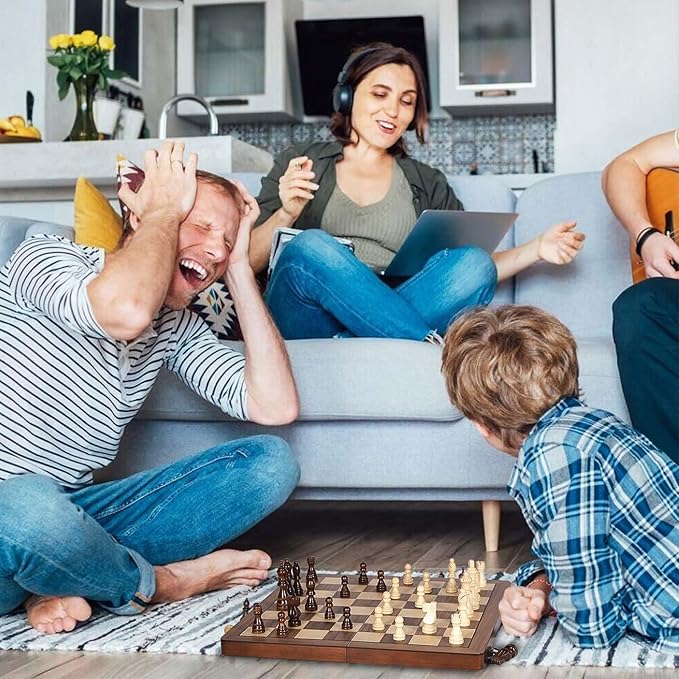 15" Wooden Chess Set with Magnetic Pieces - Extra Queens - Folding Chessboard Portable Travel Tournament Chess Board Games for Adults Kids