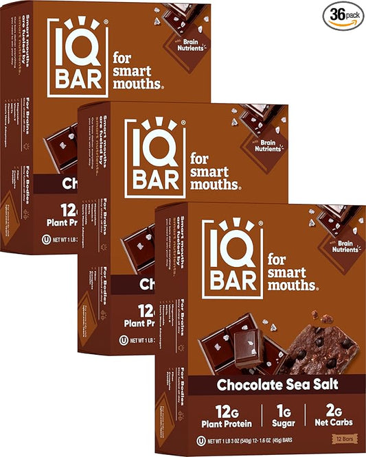 IQBAR Brain and Body Plant Protein Bars - Chocolate Sea Salt - 36-Count Low Carb - Gluten Free, High Fiber, Vegan Snacks - Low Sugar Meal Replacement