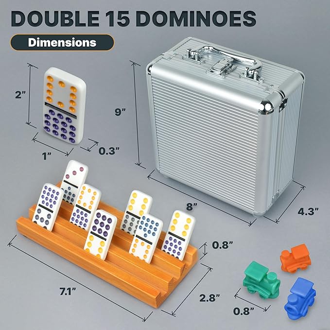 Queensell Mexican Train Dominoes Set Double 15 with 8 Holders - Wooden Hub and Tiles Holders - Double 15 with Dots (D15 + 8 Holders)
